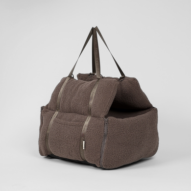 Clara 3-in-1 dog car seat in dark brown teddy fleece, zipped closed with handles