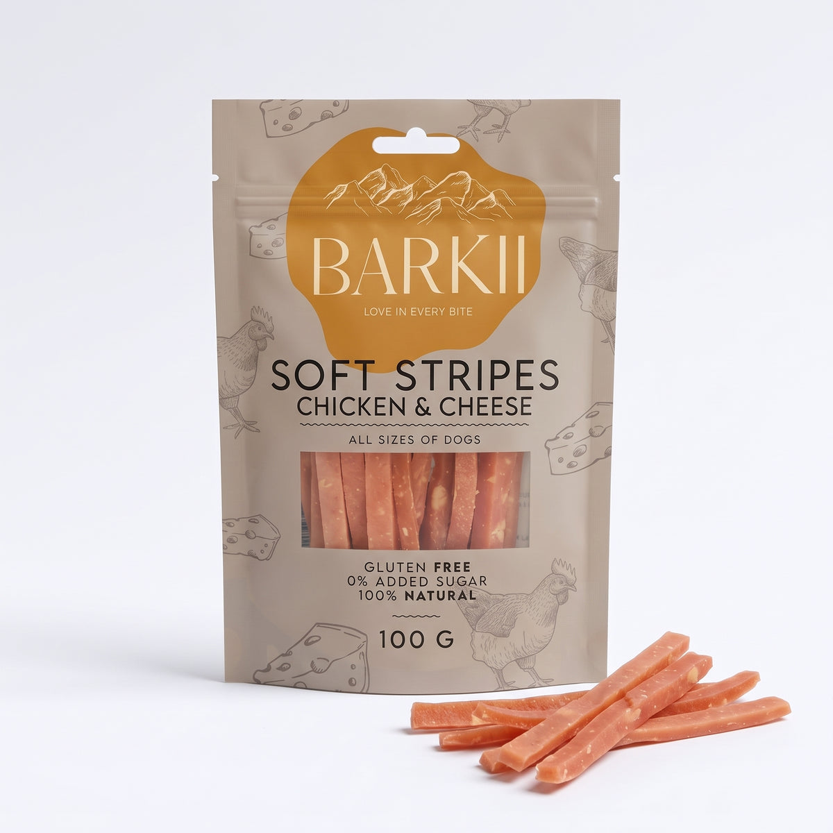 Barkii Soft Stripes Treats | Chicken & Cheese | 100g.