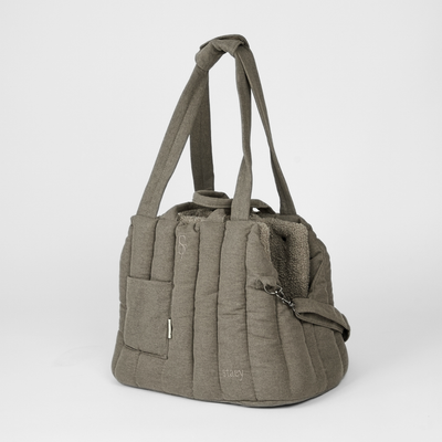 Ella dog carrier bag in quilted taupe with shoulder handles