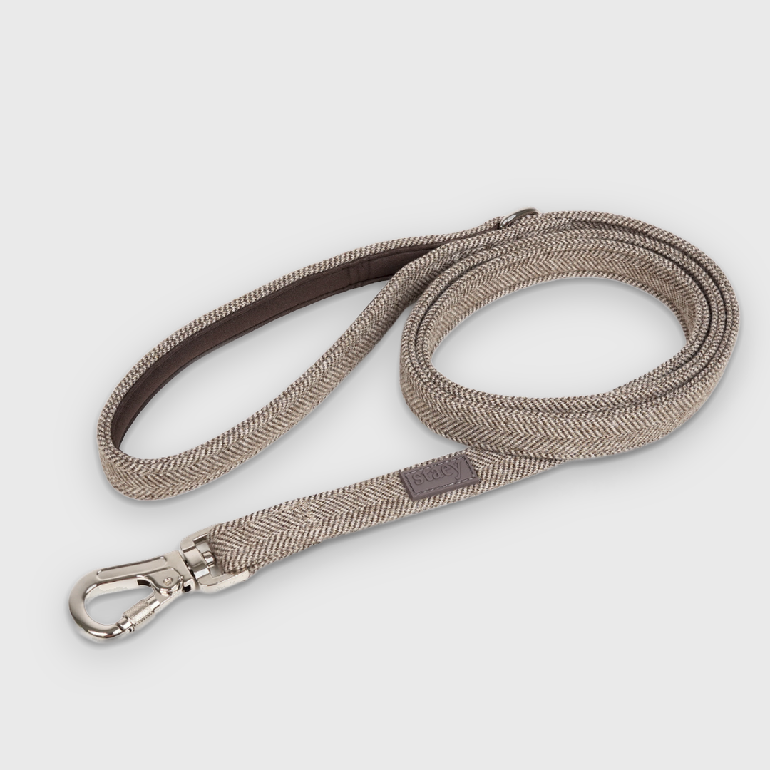 Laisse pour chien Elma, motif Herringbone Mocca, enroulée, avec un mousqueton en acier