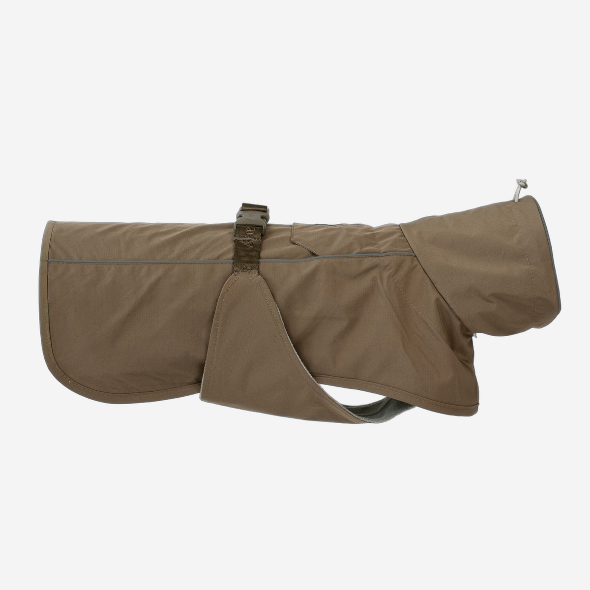 Imperméable pour chien Uma, couleur taupe, avec sangle ventrale réglable, vue de profil